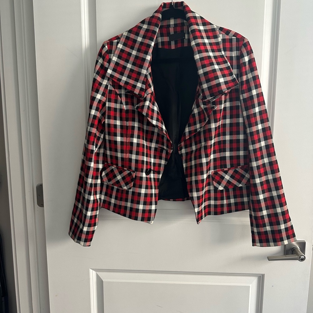 Plaid Cropped Blazer Jacket in Red, Black & White